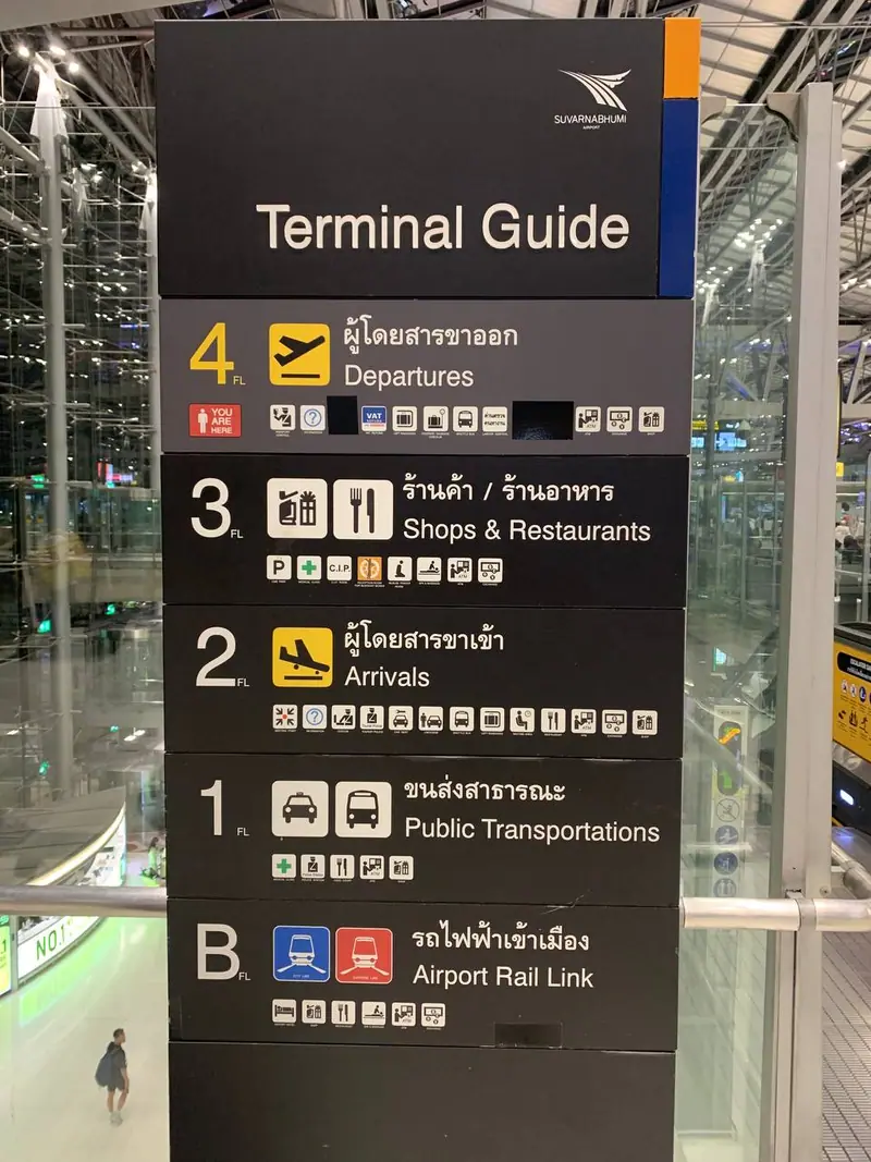 BKK-Schild Terminal Guide: Abflug auf Ebene 4, Geschäfte und Restaurants auf Ebene 3, Ankunft auf Ebene 2, öffentliche Verkehrsmittel auf Ebene 1 und Airport Rail Link im Untergeschoss