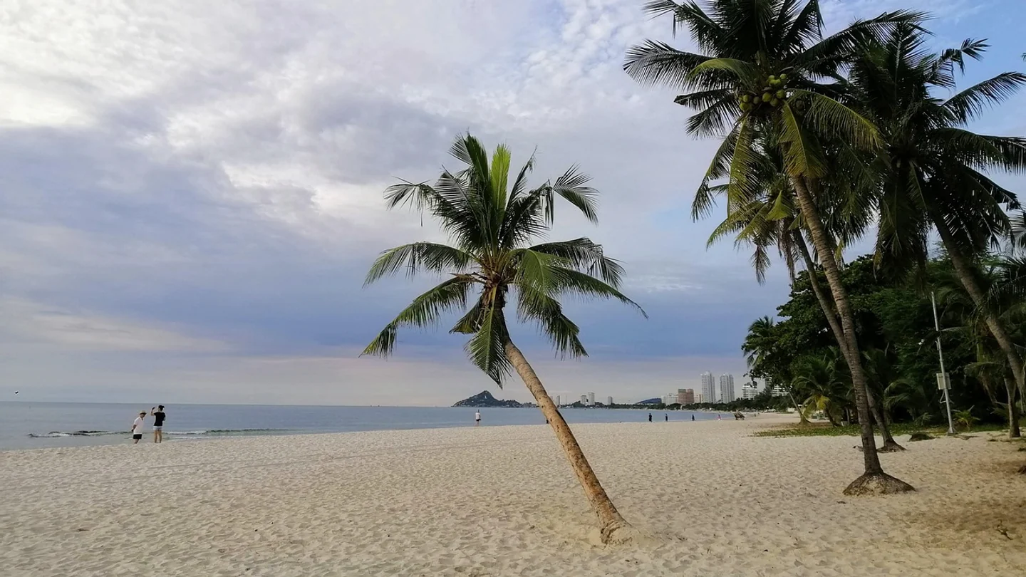 Palmen am breiten Sandstrand von Hua Hin