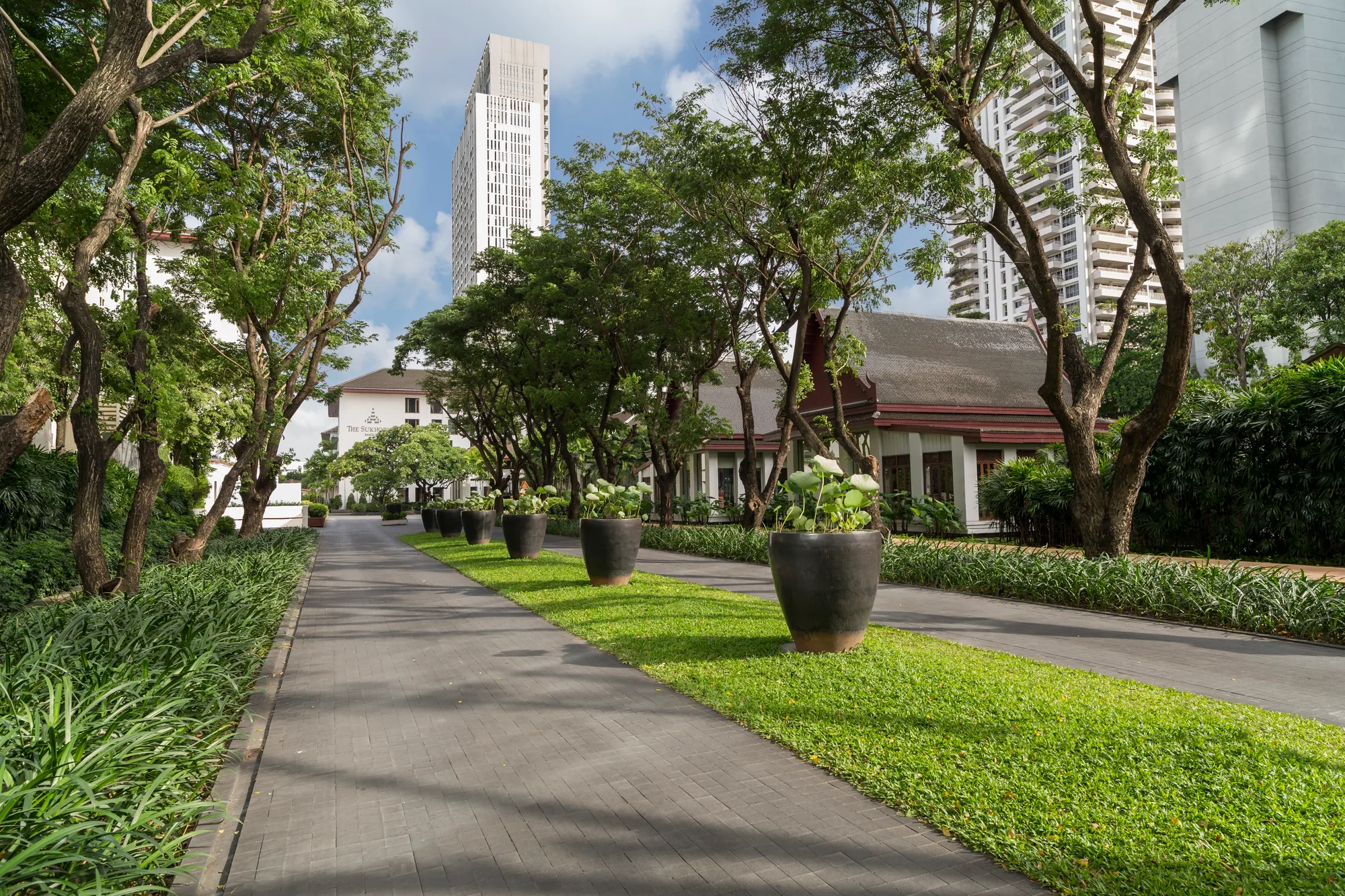 Les bâtiments du The Sukhothai Bangkok et son allée d’entrée bordée d’arbres en journée