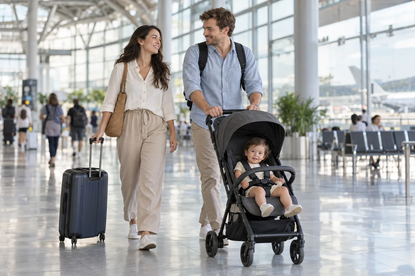 Scena illustrativa di genitori in aeroporto con un bambino piccolo nel passeggino e una valigia
