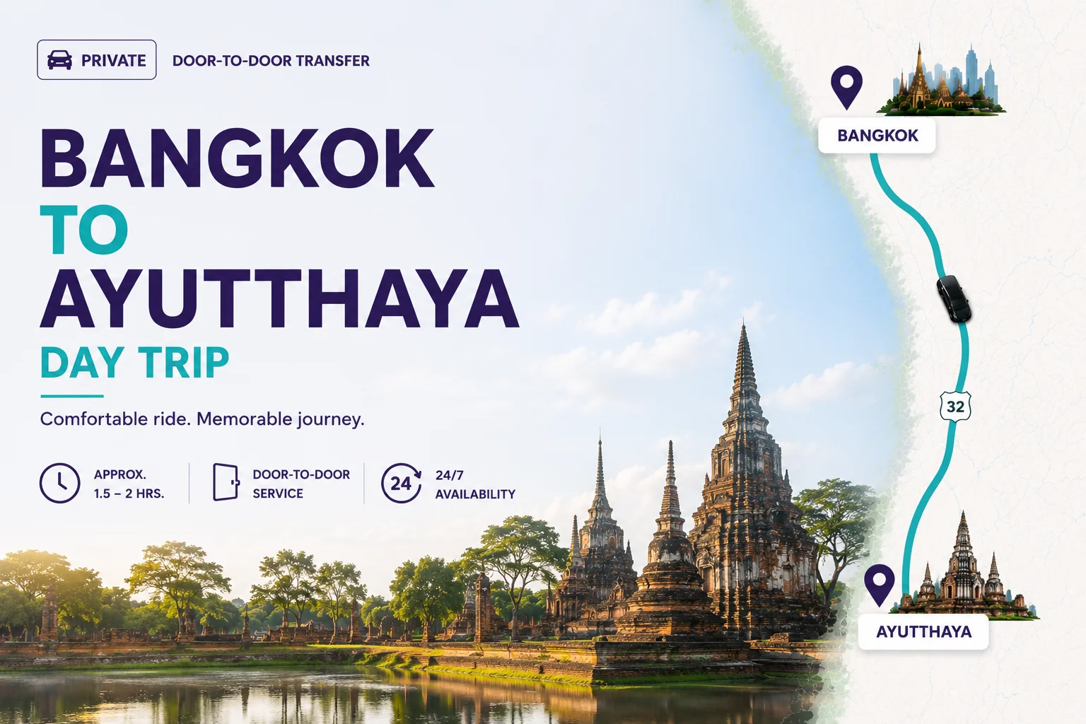 Bangkok → Ayutthaya private chauffeur day trip — 80 km via Highway 32, 1.5–2 hrs · door-to-door service · 24/7 booking · UNESCO World Heritage temple visit · flat ฿12,000
